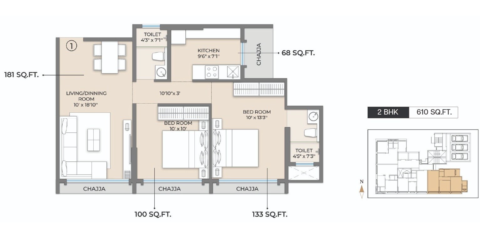 Floor plan of 2 BHK 610 Sq. Ft. Apartment in Modirealty Olive, Mumbai