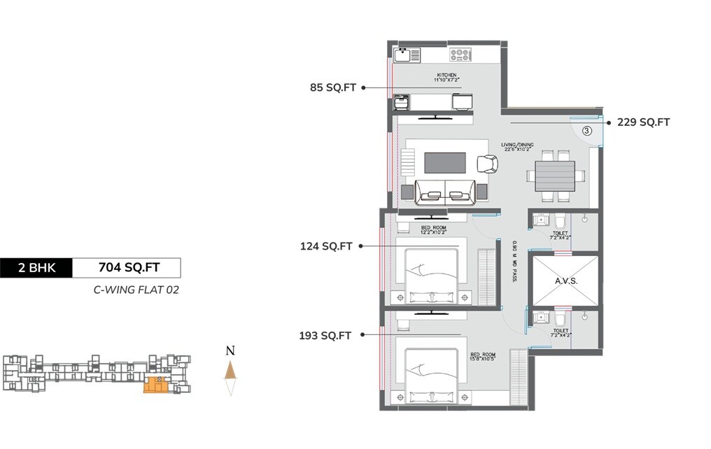Floor plan of 2 BHK 704 Sq. Ft. Apartment in Modirealty Rudraksh, Mumbai