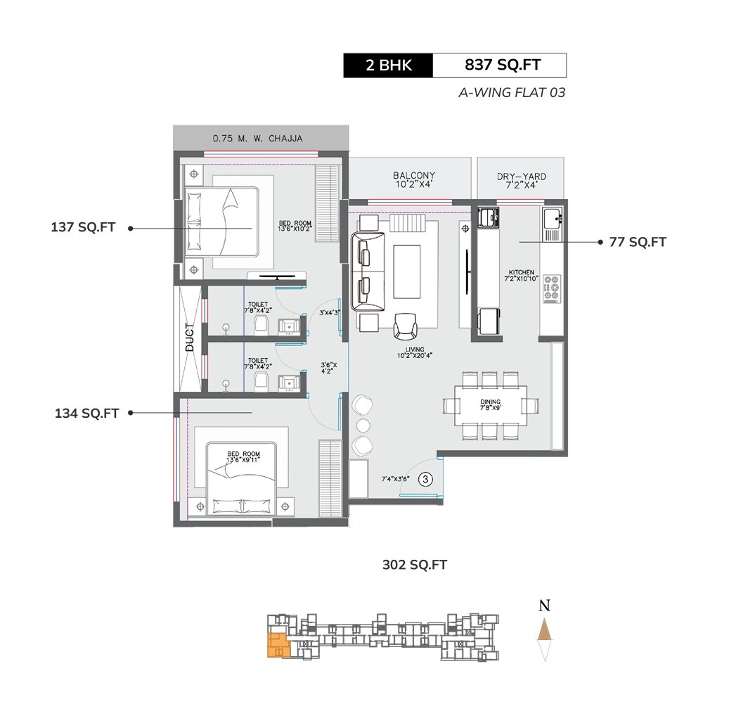 Floor plan of 2 BHK 837 Sq. Ft. Apartment in Modirealty Rudraksh, Mumbai