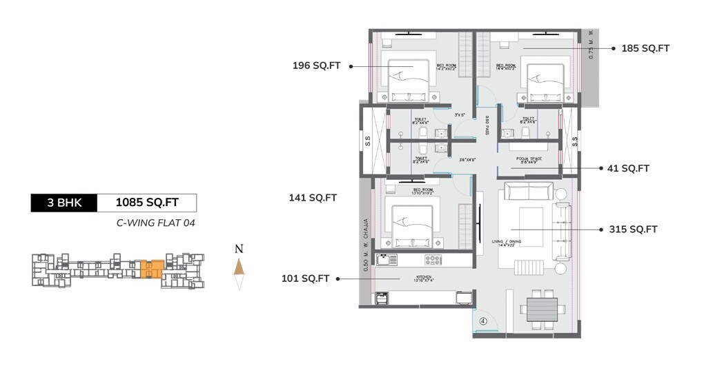 Floor plan of 3 BHK 1085 Sq. Ft. Apartment in Modirealty Rudraksh, Mumbai