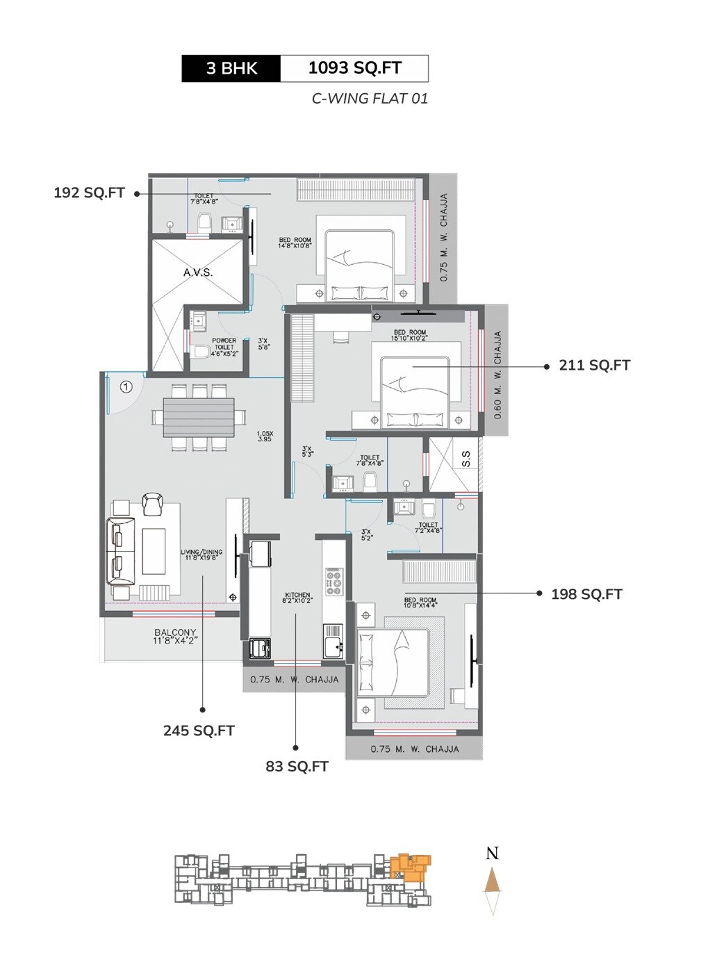 Floor plan of 3 BHK 1093 Sq. Ft. Apartment in Modirealty Rudraksh, Mumbai