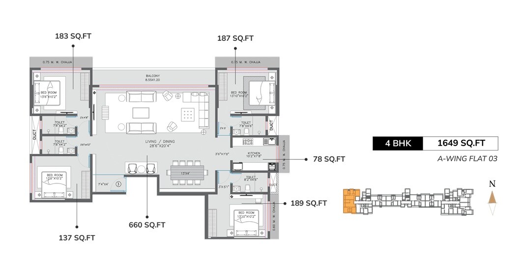 Floor plan of 4 BHK 1649 Sq. Ft. Apartment in Modirealty Rudraksh, Mumbai