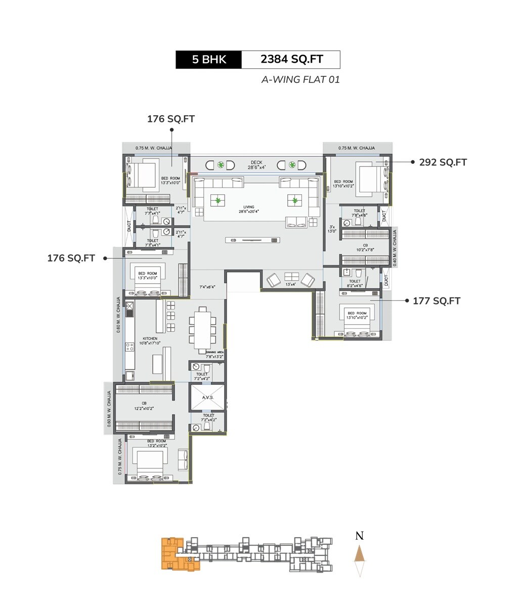 Floor plan of 5 BHK 2384 Sq. Ft. Apartment in Modirealty Rudraksh, Mumbai