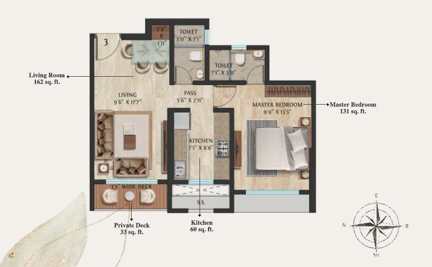 Floor plan of 1 BHK 506 Sq. Ft. Apartment in Modirealty Vatvriksh, Mumbai
