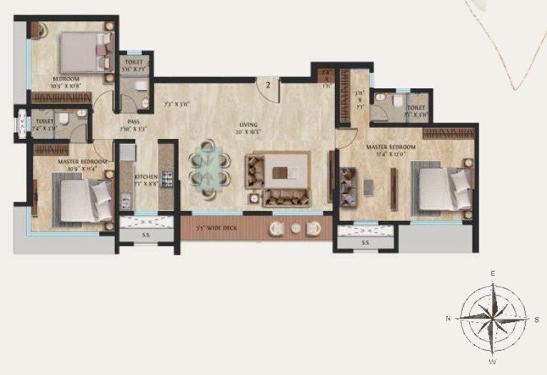 Floor plan of 3 BHK 1016 Sq. Ft. Apartment in Modirealty Vatvriksh, Mumbai