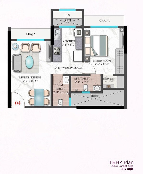 Floor plan of 1 BHK 417 Sq. Ft. Apartment in Modirealty Wisteria, Mumbai