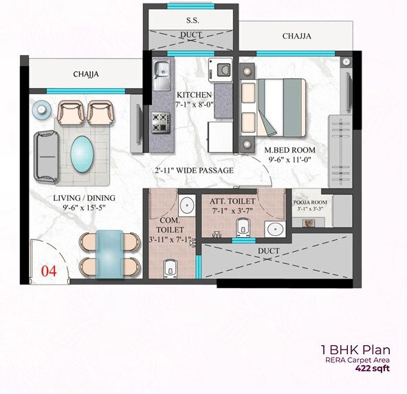 Floor plan of 1 BHK 422 Sq. Ft. Apartment in Modirealty Wisteria, Mumbai