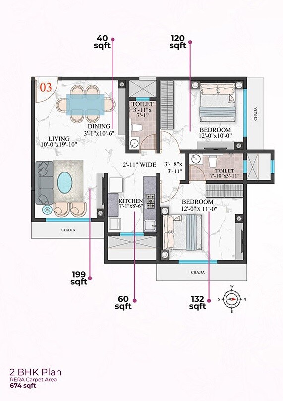 Floor plan of 2 BHK 699 Sq. Ft. Apartment in Modirealty Wisteria, Mumbai