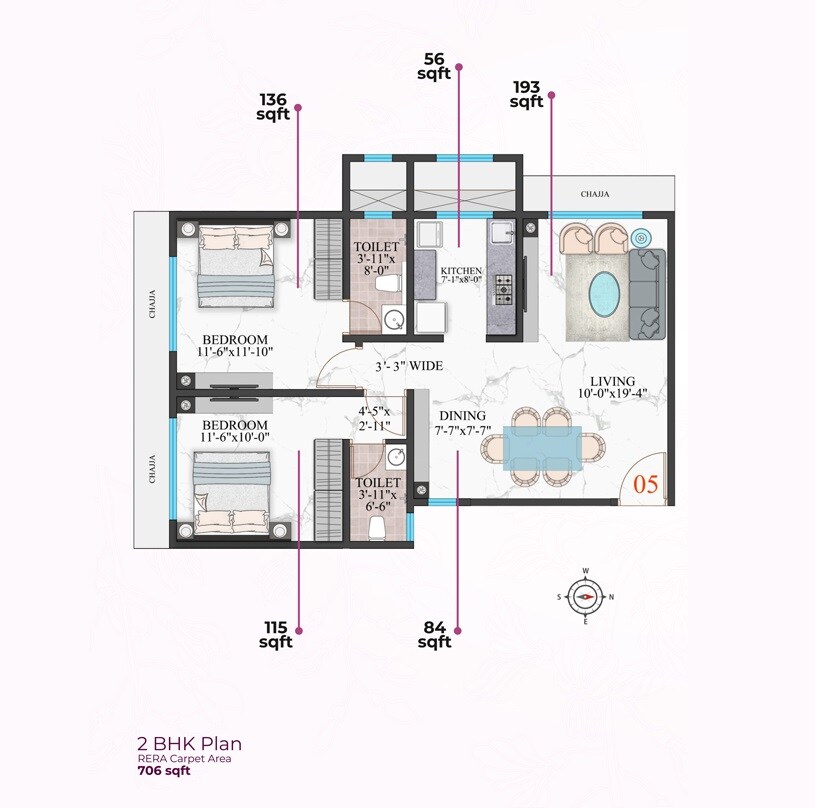 Floor plan of 2 BHK 706 Sq. Ft. Apartment in Modirealty Wisteria, Mumbai