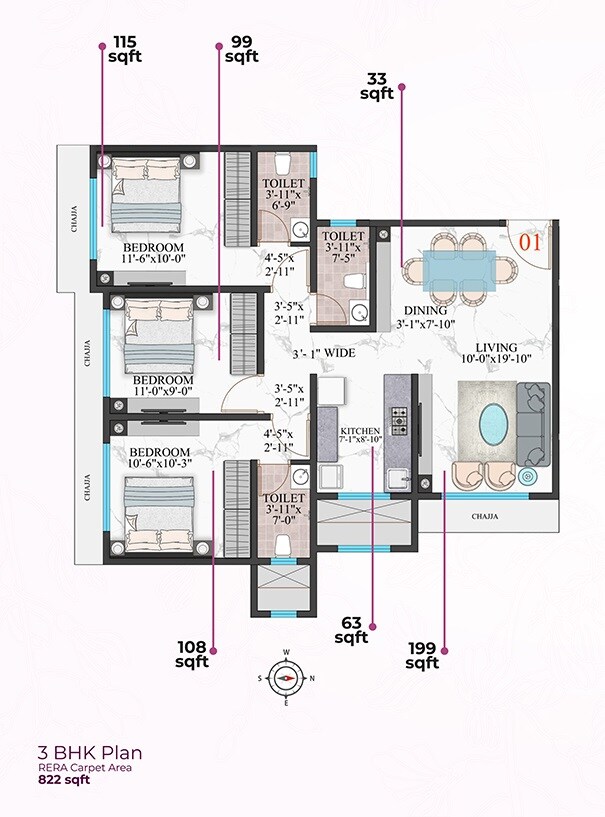 Floor plan of 3 BHK 822 Sq. Ft. Apartment in Modirealty Wisteria, Mumbai