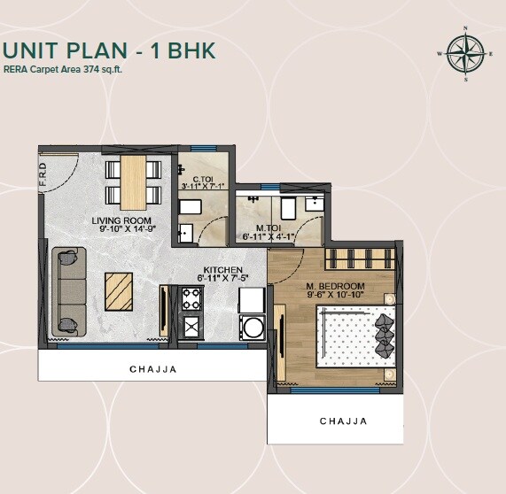 Floor plan of 1 BHK 374 Sq. Ft. Apartment in Modis Rashmi Avenue, Mumbai