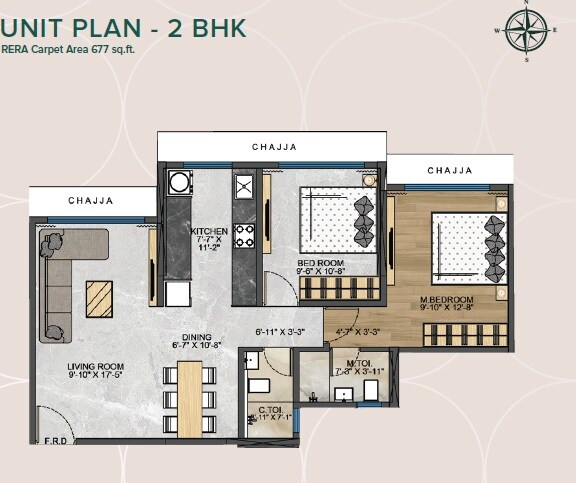 Floor plan of 2 BHK 677 Sq. Ft. Apartment in Modis Rashmi Avenue, Mumbai