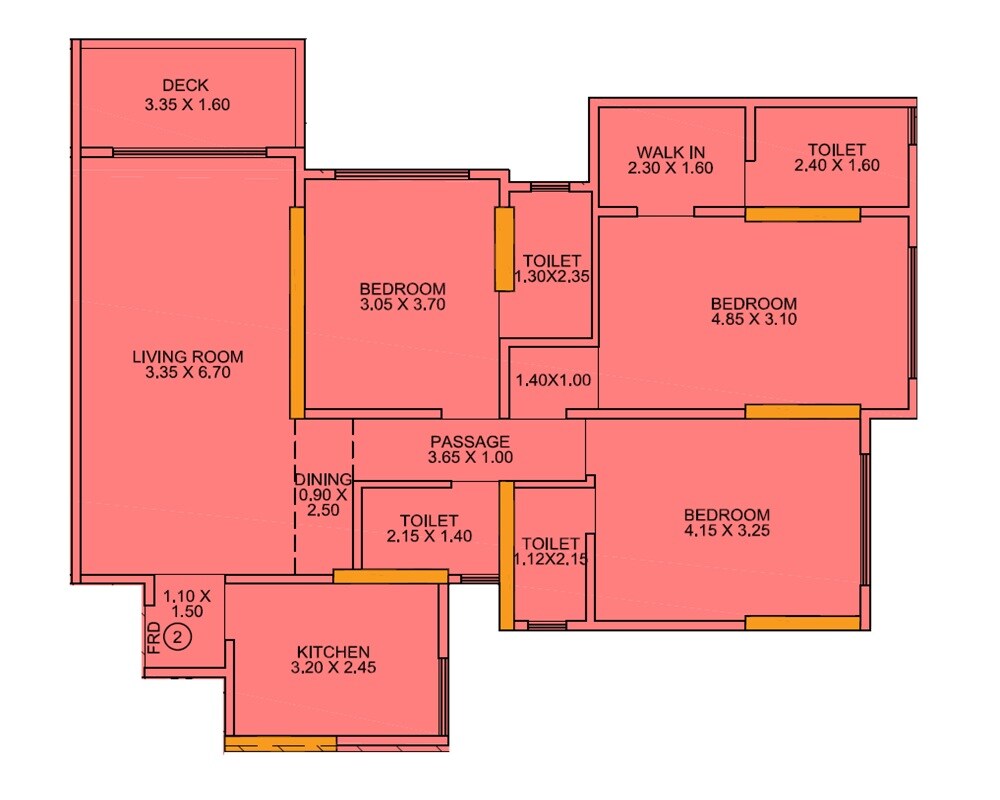 Floor plan of 3 BHK 1152 Sq. Ft. Apartment in Modis Rashmi Icon, Mumbai