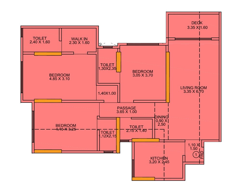 Floor plan of 3 BHK 882 Sq. Ft. Apartment in Modis Rashmi Icon, Mumbai