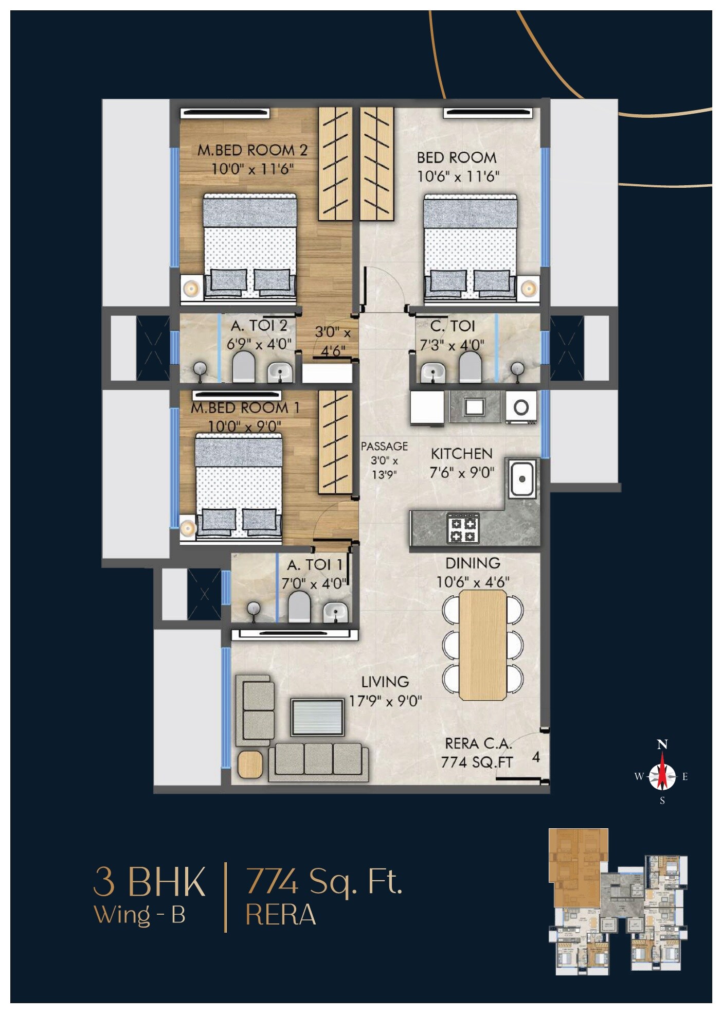 Floor plan of 3 BHK 774 Sq. Ft. Apartment in Modis Rashmi Square, Mumbai