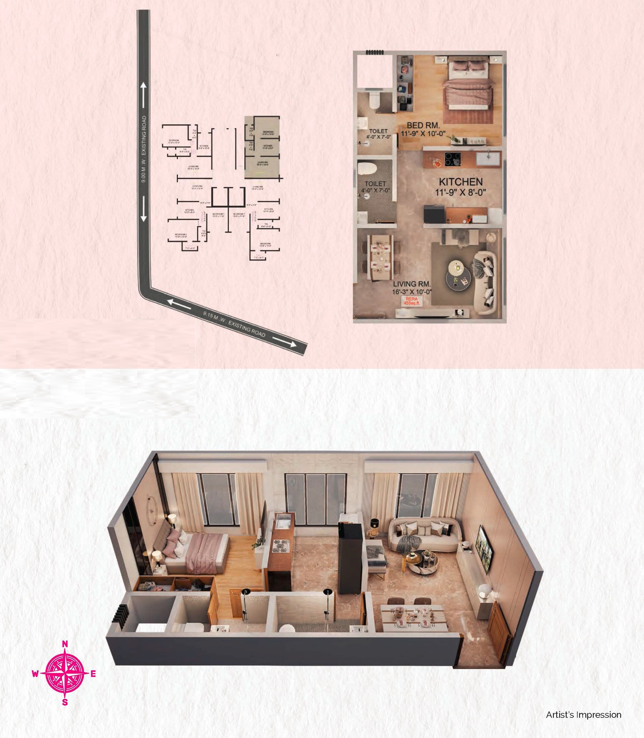 Floor plan of 1 BHK 455 Sq. Ft. Apartment in Modispaces Amizarna, Mumbai