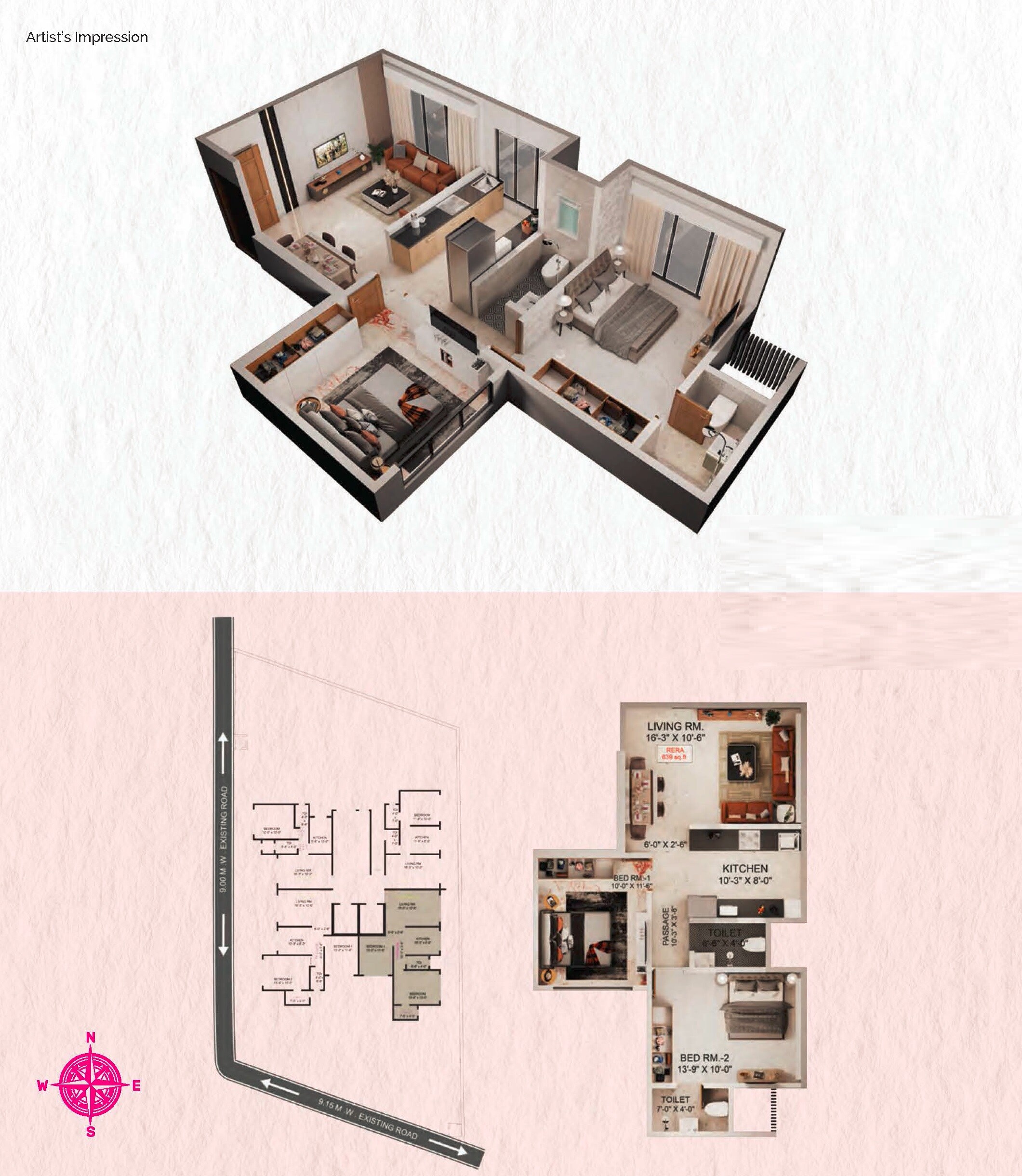 Floor plan of 2 BHK 639 Sq. Ft. Apartment in Modispaces Amizarna, Mumbai