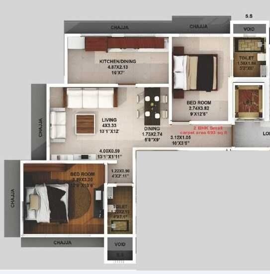 Floor plan of 2 BHK 693 Sq. Ft. Apartment in Modispaces Doyle, Mumbai
