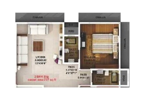 Floor plan of 2 BHK 737 Sq. Ft. Apartment in Modispaces Doyle, Mumbai