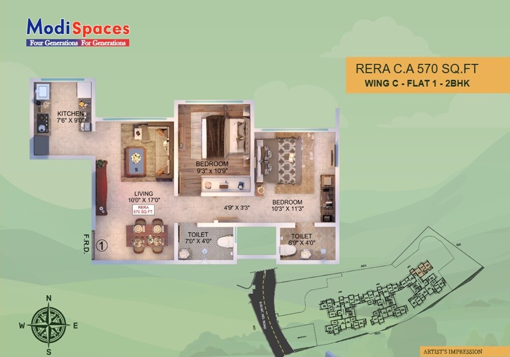 Floor plan of 2 BHK 570 Sq. Ft. Apartment in Modispaces Hill Park, Mumbai
