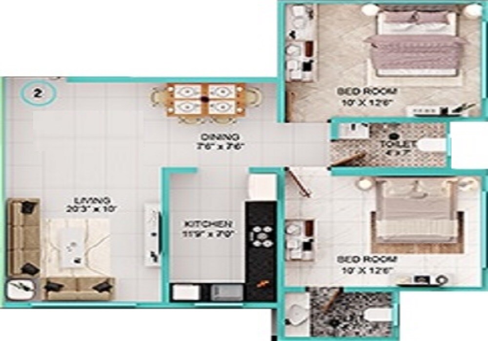 Floor plan of 2 BHK 537 Sq. Ft. Apartment in Modispaces Valley View, Mumbai