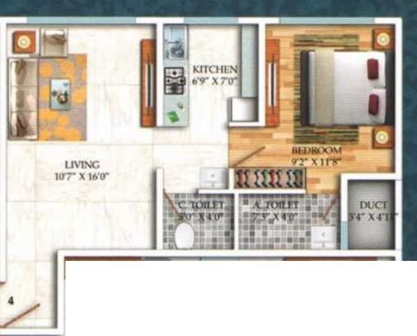 Floor plan of 1 BHK 439 Sq. Ft. Apartment in Mohid Swiz Heights, Mumbai