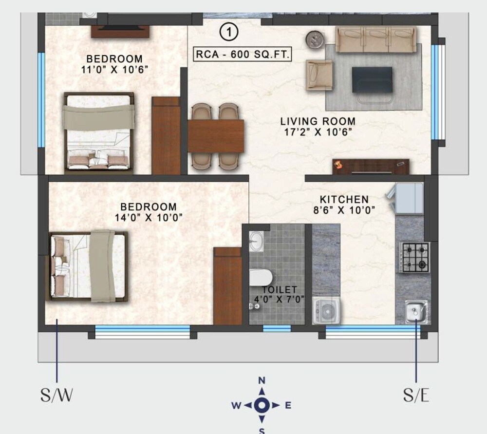 Floor plan of 2 BHK 600 Sq. Ft. Apartment in Mohini Zen Vrindavan, Mumbai