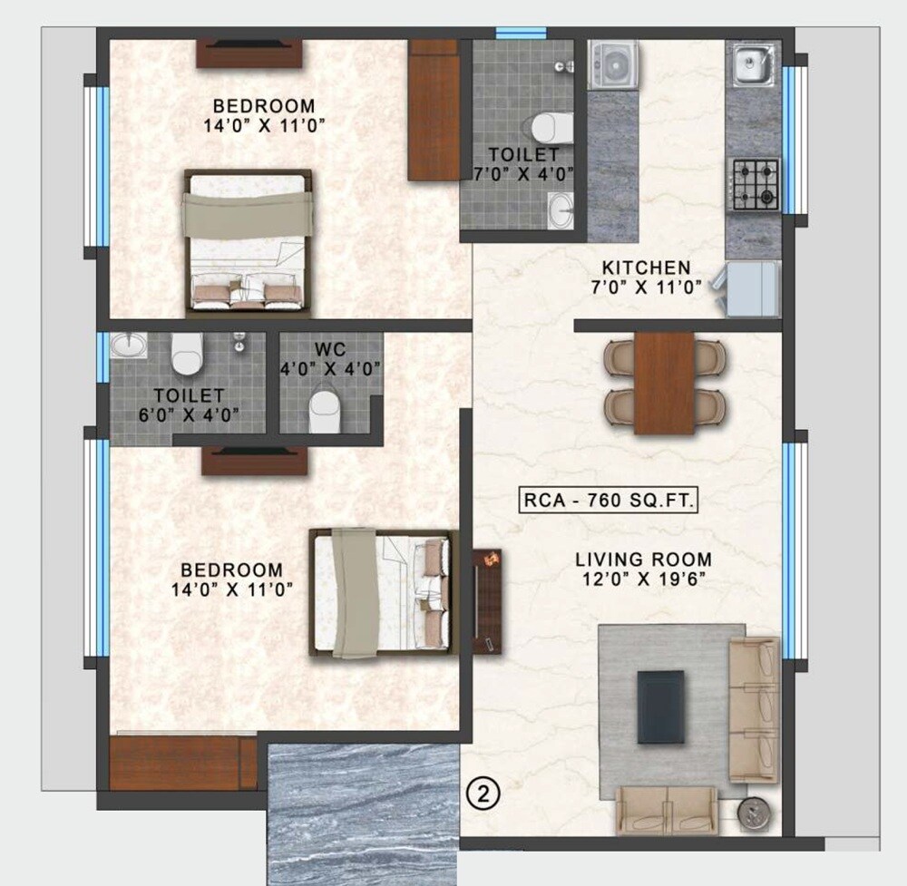 Floor plan of 2 BHK 760 Sq. Ft. Apartment in Mohini Zen Vrindavan, Mumbai