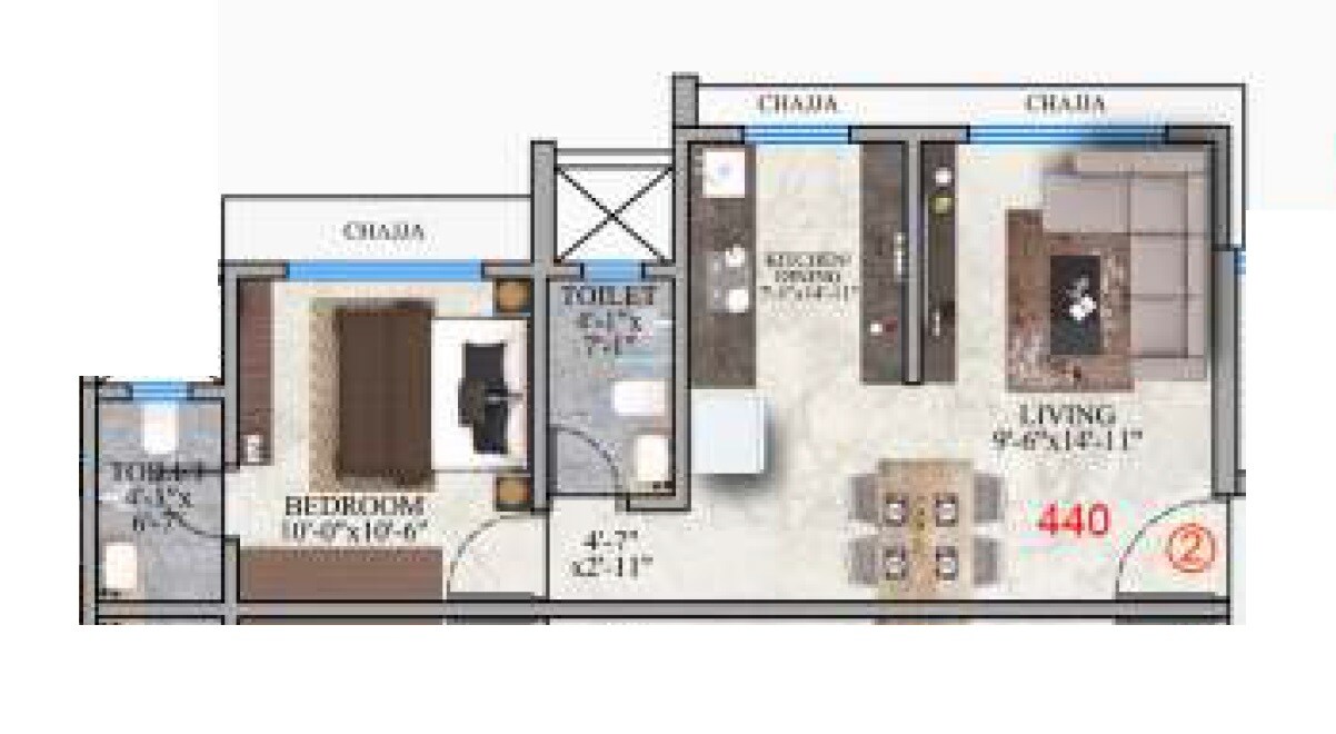 Floor plan of 1 BHK 440 Sq. Ft. Apartment in Monarch Kitkat, Mumbai