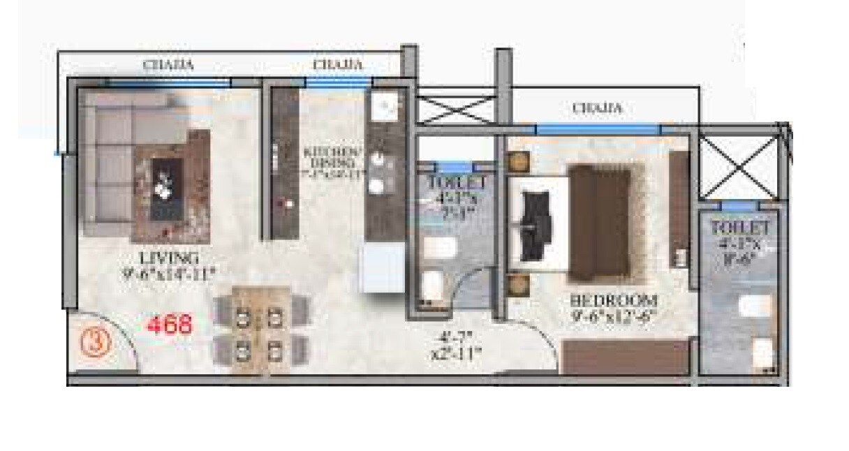 Floor plan of 1 BHK 468 Sq. Ft. Apartment in Monarch Kitkat, Mumbai