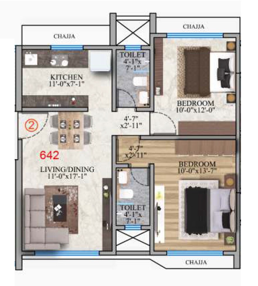 Floor plan of 2 BHK 603 Sq. Ft. Apartment in Monarch Kitkat, Mumbai