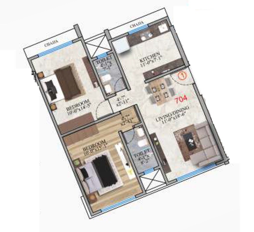 Floor plan of 2 BHK 704 Sq. Ft. Apartment in Monarch Kitkat, Mumbai