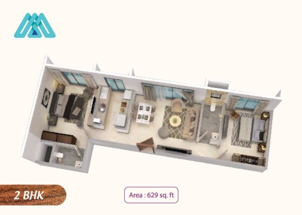 Floor plan of 2 BHK 629 Sq. Ft. Apartment in Monarch Rosewood, Mumbai