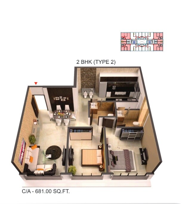Floor plan of 2 BHK 681 Sq. Ft. Apartment in Moongipa Pushkar Niketan, Mumbai