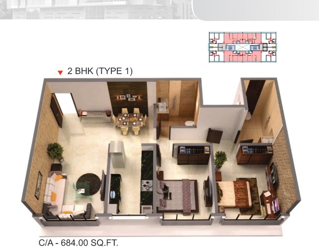 Floor plan of 2 BHK 684 Sq. Ft. Apartment in Moongipa Pushkar Niketan, Mumbai