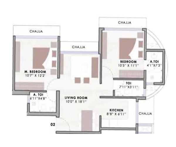 Floor plan of 2 BHK 598 Sq. Ft. Apartment in Morarji Gala Avenue, Mumbai