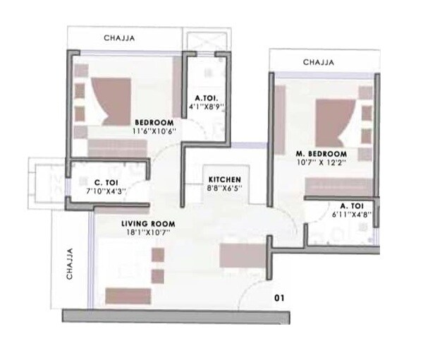 Floor plan of 2 BHK 654 Sq. Ft. Apartment in Morarji Gala Avenue, Mumbai