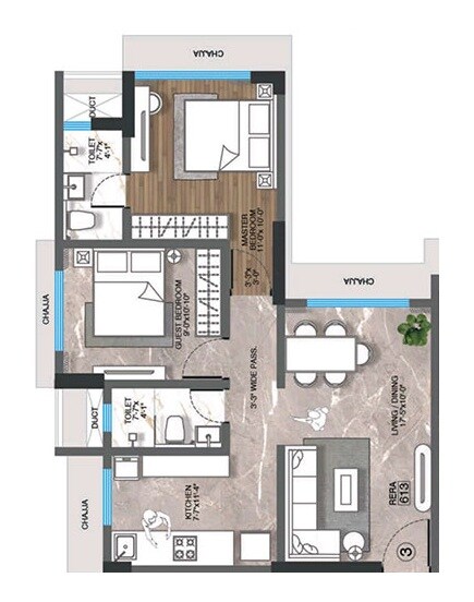 Floor plan of 2 BHK 821 Sq. Ft. Apartment in MPR Mahavir Darshan, Mumbai