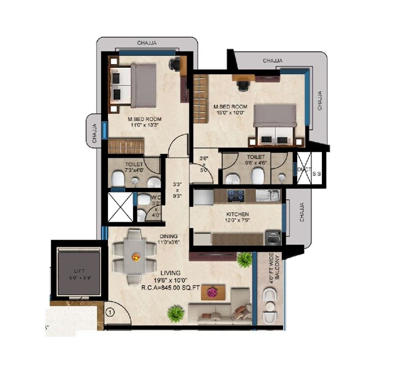 Floor plan of 2 BHK 845 Sq. Ft. Apartment in MPR Nilesh, Mumbai