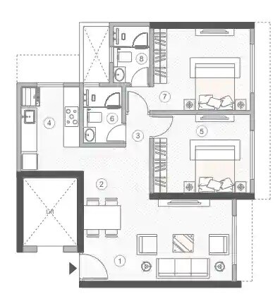Floor plan of 2 BHK 708 Sq. Ft. Apartment in MS Courtyard, Mumbai
