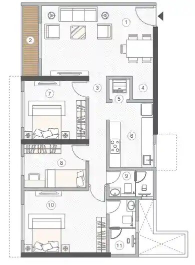 Floor plan of 2 BHK 899 Sq. Ft. Apartment in MS Courtyard, Mumbai