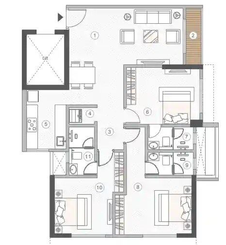 Floor plan of 3 BHK 1008 Sq. Ft. Apartment in MS Courtyard, Mumbai