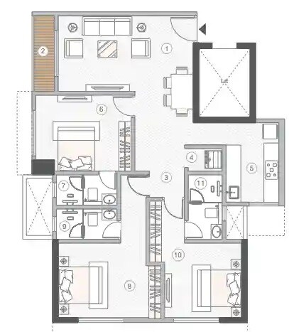 Floor plan of 3 BHK 983 Sq. Ft. Apartment in MS Courtyard, Mumbai