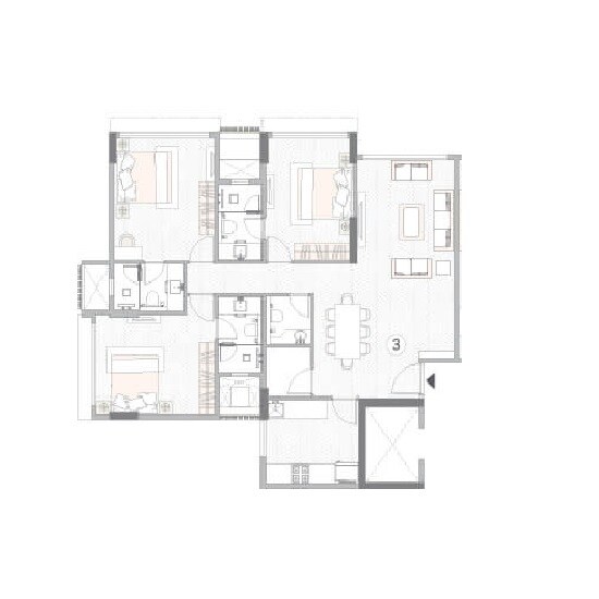 Floor plan of 3 BHK 1102 Sq. Ft. Apartment in MS Gateway, Mumbai