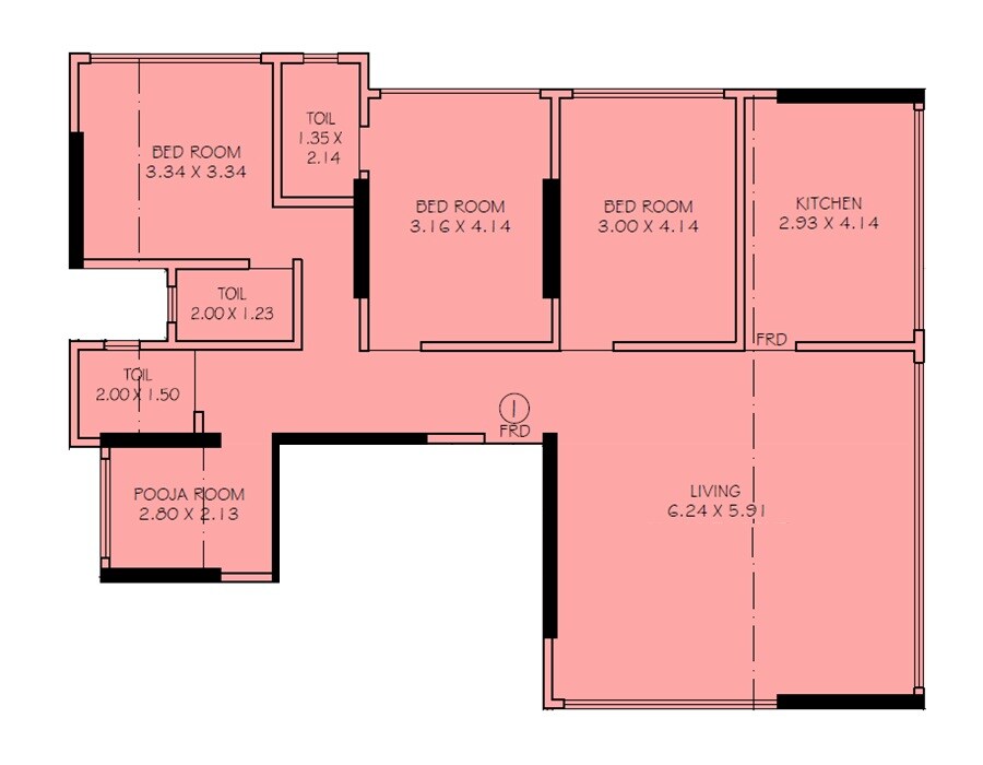 Floor plan of 3 BHK 1264 Sq. Ft. Apartment in MS Mody Mickey Heights, Mumbai