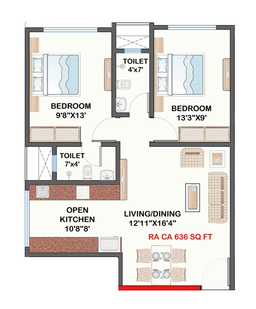 Floor plan of 2 BHK 636 Sq. Ft. Apartment in Multi Space Ashwamedh Heights, Mumbai