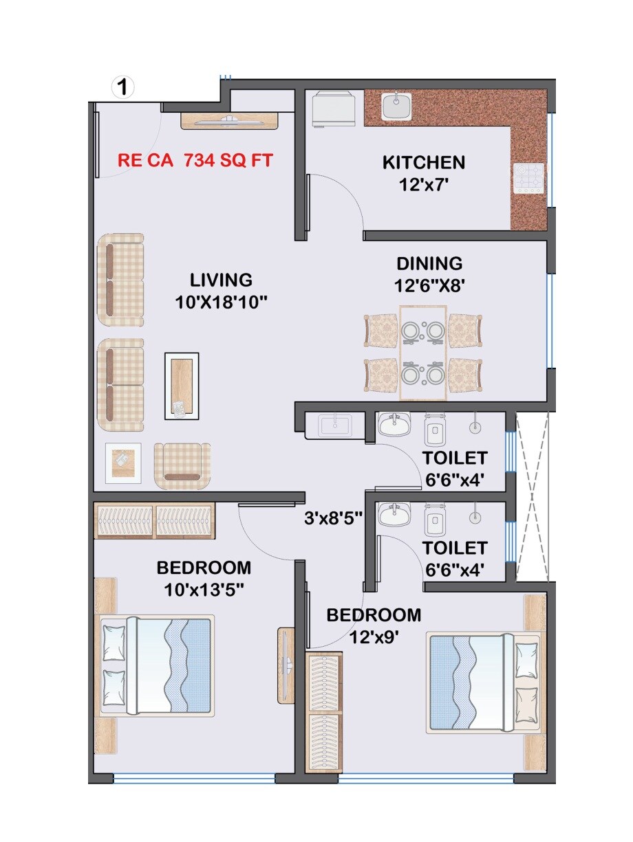 2 BHK 734 Sq. Ft. Apartment