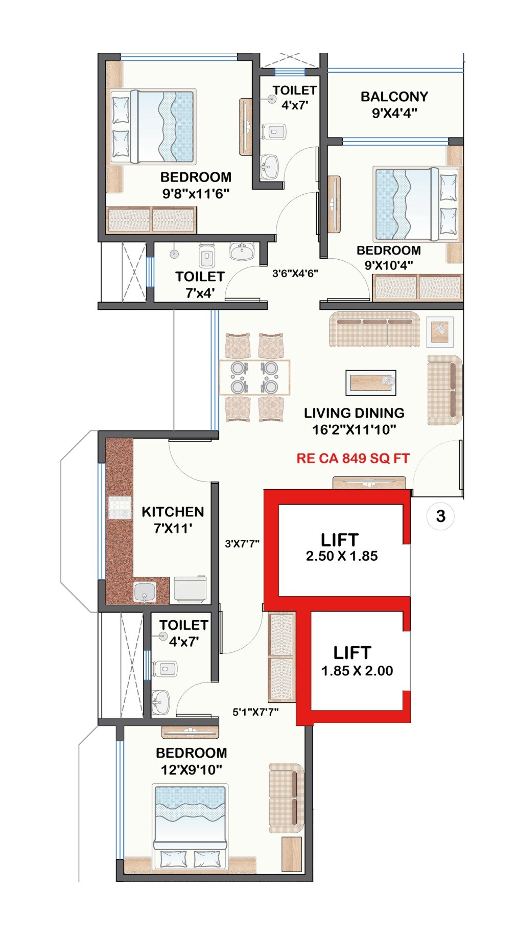 3 BHK 849 Sq. Ft. Apartment