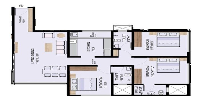 3 BHK 859 Sq. Ft. Apartment