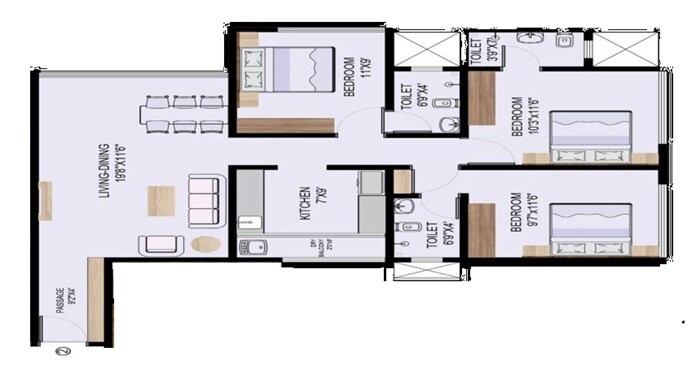 3 BHK 987 Sq. Ft. Apartment